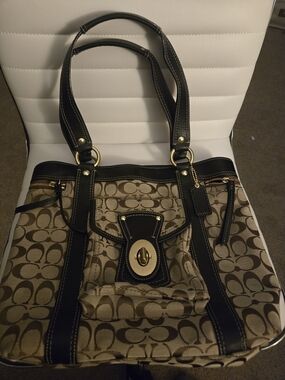 Coach Khaki Signature Tote with Black Leather Trim